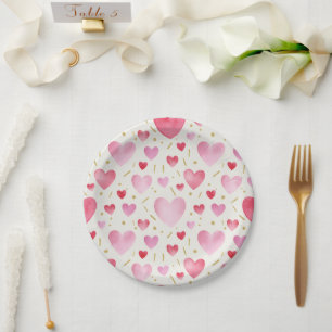 Romantic Watercolor Hearts & Gold Glitter Confetti Paper Plate