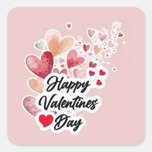 Romantic Watercolor Hearts "Happy Valentines Day"  Square Sticker