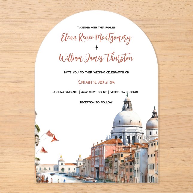 Romantic Watercolor Italy Destination Wedding  Acrylic Invitations (Front)
