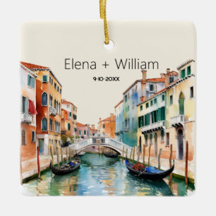 Romantic Watercolor Italy Wedding Newlywed Ceramic Ornament