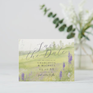 Romantic watercolor landscape save the date postcard