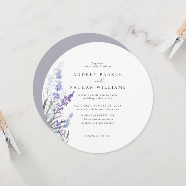 Romantic Watercolor Lavender Floral Wedding Invitation (Front/Back In Situ)