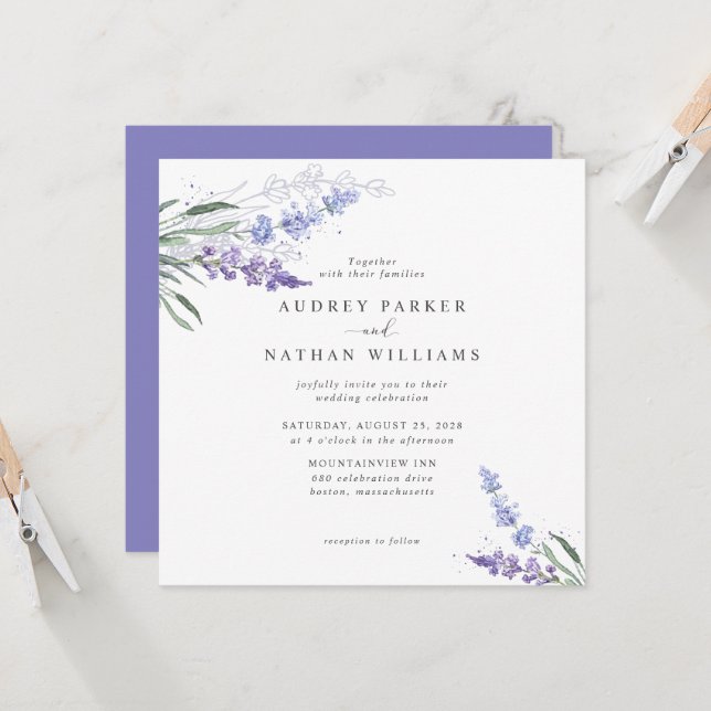 Romantic Watercolor Lavender Floral Wedding Invitation (Front/Back In Situ)