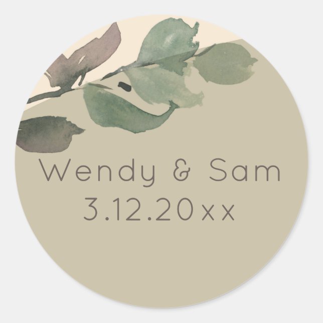Romantic Watercolor Leaf Wedding Classic Round Sticker (Front)