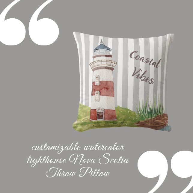 romantic watercolor lighthouse grey white stripes  cushion (customizable watercolor lighthouse Nova Scotia Throw Pillow by Hobinishop)