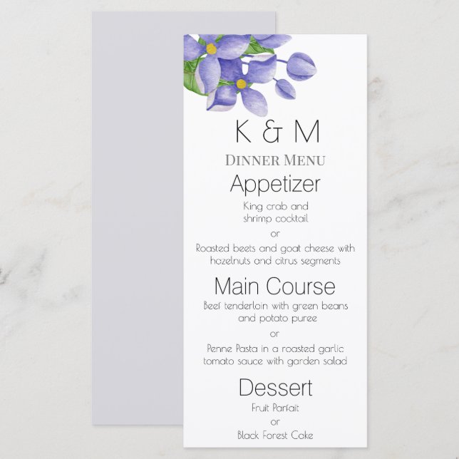 Romantic Watercolor Lilacs Wedding Menu (Front/Back)
