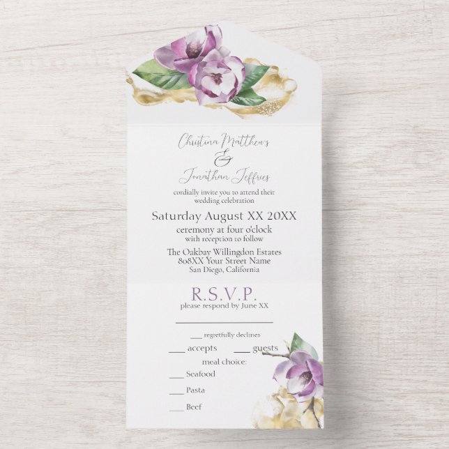 Romantic Watercolor Magnolia All In One Invitation (Inside)
