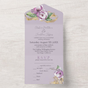 Romantic Watercolor Magnolia on Purple All In One Invitation
