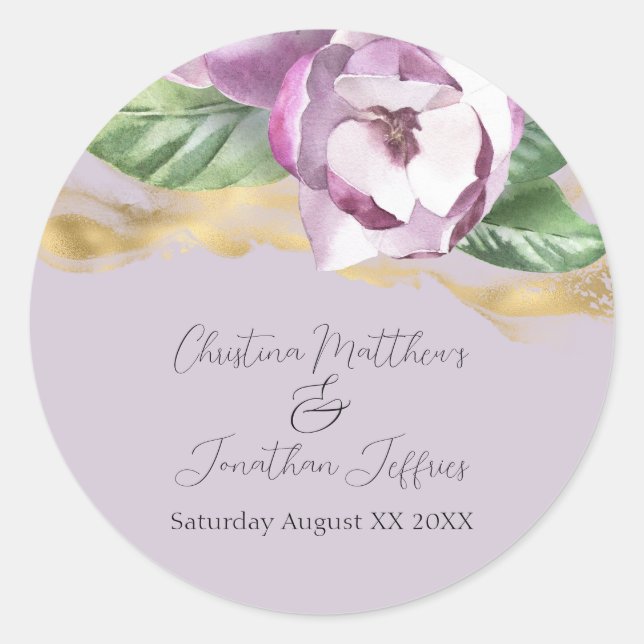 Romantic Watercolor Magnolia on Purple Classic Round Sticker (Front)