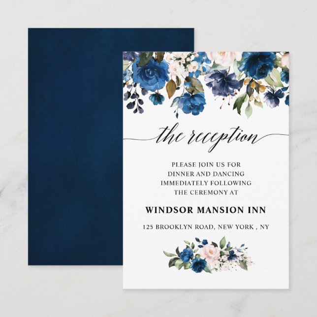 Romantic Watercolor Navy Blue Blush Rose Floral Invitation (Front/Back)