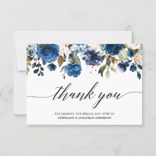 Romantic Watercolor Navy Blue Blush Rose Floral Thank You Card
