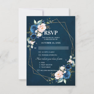 Romantic Watercolor Navy Blue Floral Geometric RSVP Card