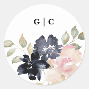 Romantic Watercolor Navy Florals Wedding Classic Round Sticker