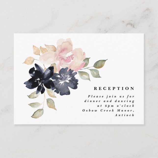 Romantic Watercolor Navy Florals Wedding Reception Enclosure Card (Front)