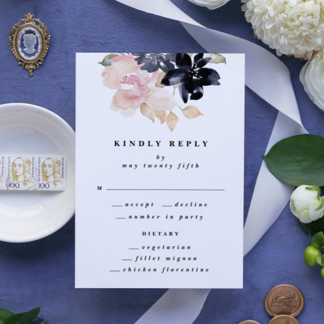 Romantic Watercolor Navy Florals Wedding RSVP Card (Creator Uploaded)