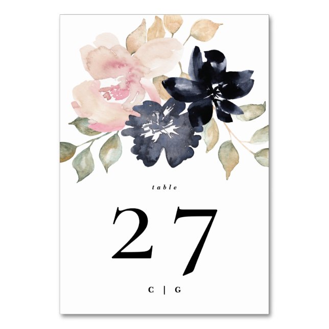 Romantic Watercolor Navy Florals Wedding Table Number (Front)