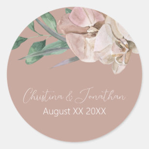 Romantic Watercolor Orchids on Dusty Blush Classic Round Sticker