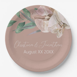 Romantic Watercolor Orchids on Dusty Blush Paper Plate