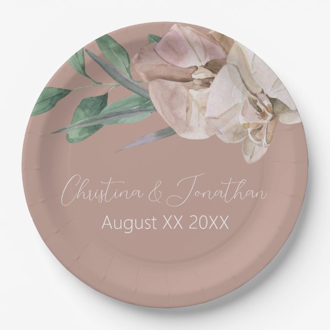 Romantic Watercolor Orchids on Dusty Blush Paper Plate (Front)