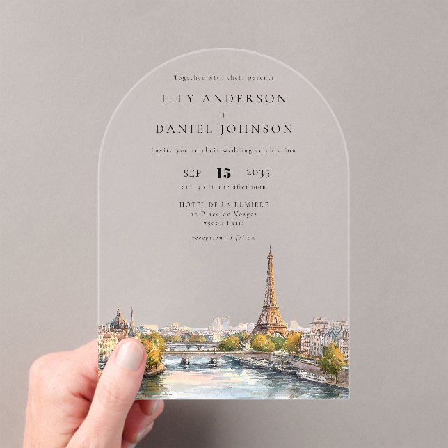 Romantic Watercolor Paris France Wedding Arch Acrylic Invitations (Insitu (Handheld))