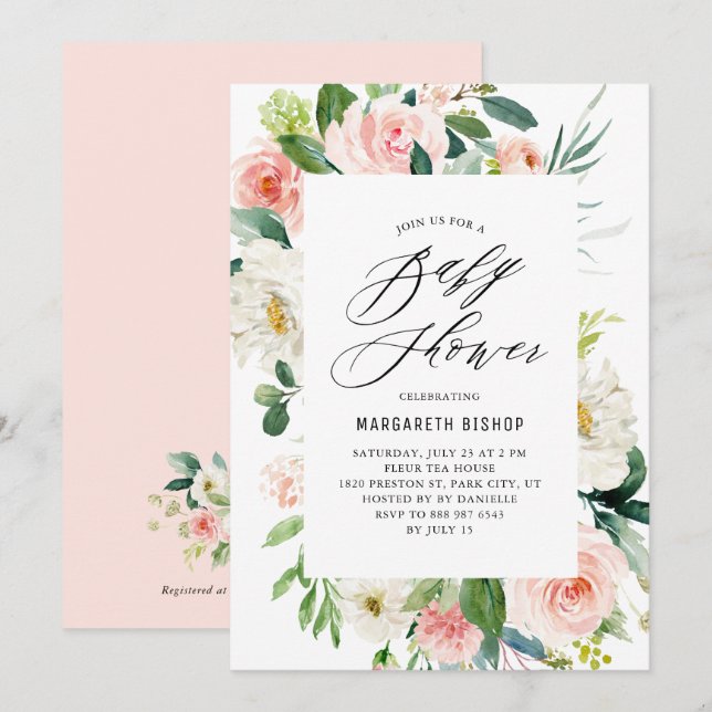 Romantic Watercolor Peach Florals Baby Shower Invitation (Front/Back)