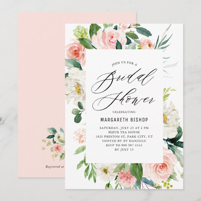 Romantic Watercolor Peach Florals Bridal Shower Invitation (Front/Back)