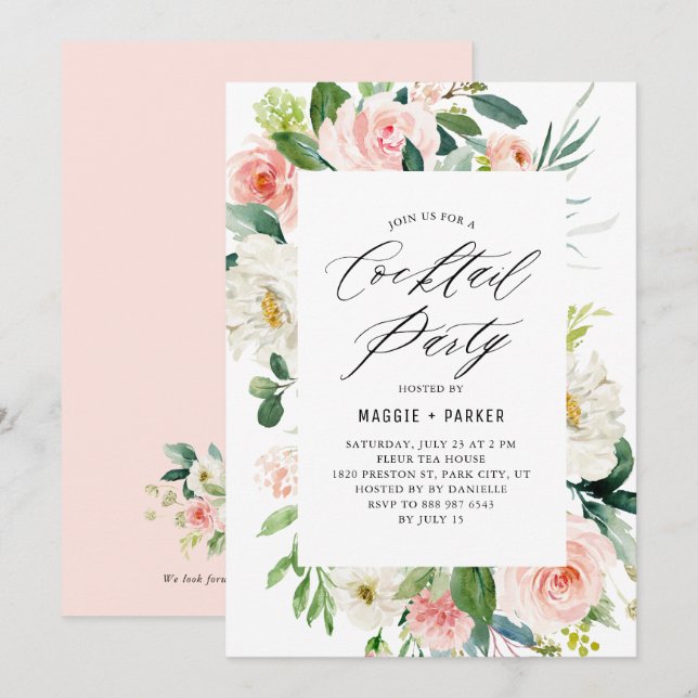 Romantic Watercolor Peach Florals Cocktail Party Invitation (Front/Back)