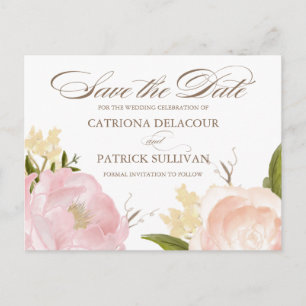 Romantic Watercolor Peonies Save the Date Postcard