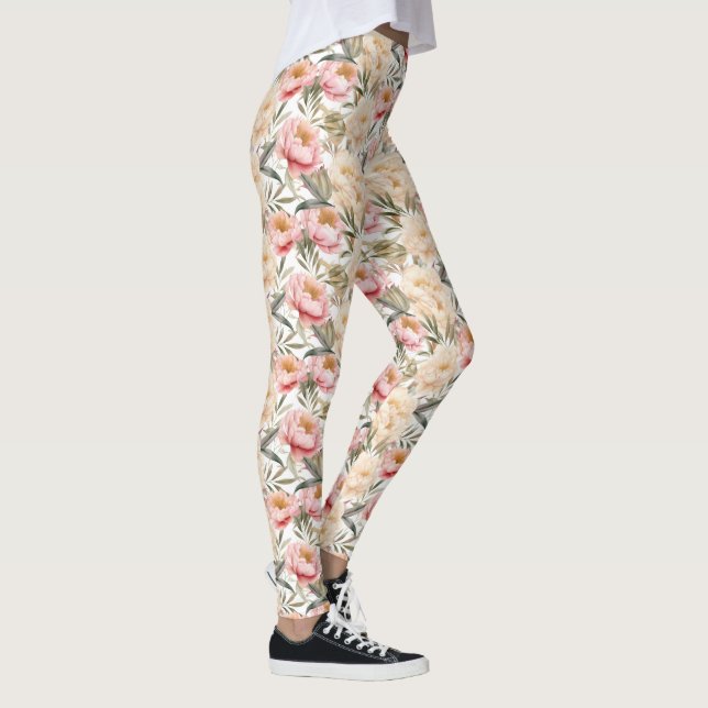 Romantic Watercolor Peony Floral Leggings (Right)