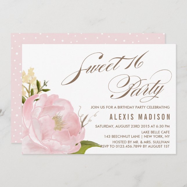 Romantic Watercolor Peony Sweet 16 Birthday Party Invitation (Front/Back)