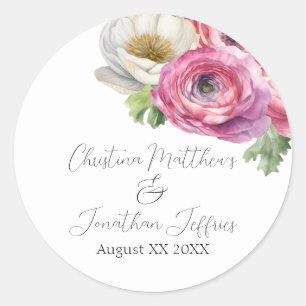 Romantic Watercolor Pink and White Ranunculus Classic Round Sticker