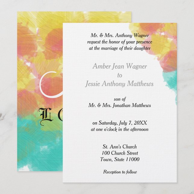 Romantic Watercolor Pink Blue Yellow Wedding Invitation (Front/Back)