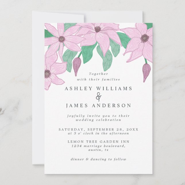 Romantic Watercolor Pink Clematis Floral Design Invitation (Front)