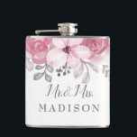 Romantic Watercolor Pink Florals Mr & Mrs Wedding  Hip Flask<br><div class="desc">For wedding</div>