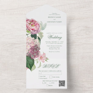 Romantic Watercolor Pink Flowers Garden Wedding All In One Invitation