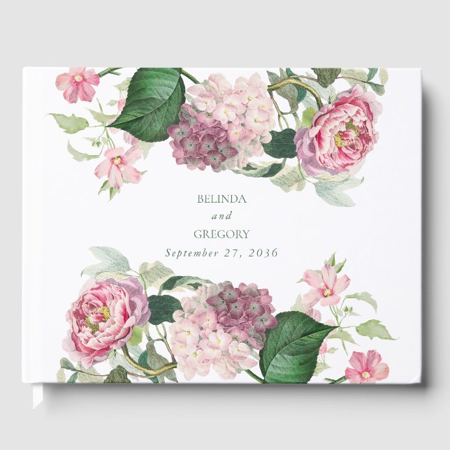 Romantic Watercolor Pink Flowers Garden Wedding Guest Book (Front)