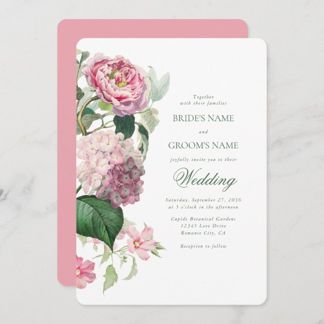 Romantic Watercolor Pink Flowers Garden Wedding Invitation (Front/Back)