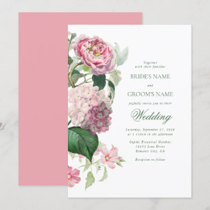 Romantic Watercolor Pink Flowers Garden Wedding Invitation