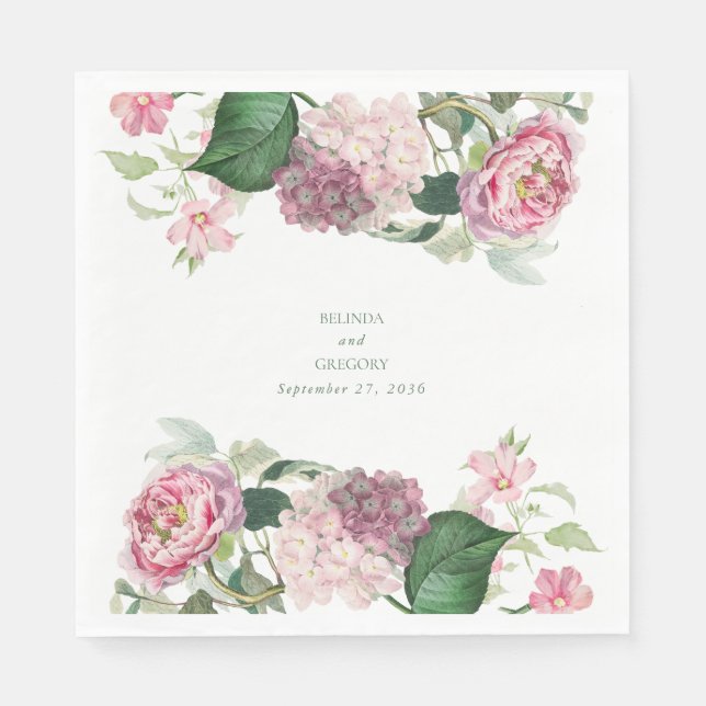 Romantic Watercolor Pink Flowers Garden Wedding Napkin (Front)