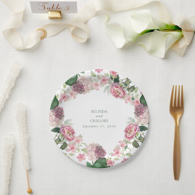 Romantic Watercolor Pink Flowers Garden Wedding Paper Plate (Wedding)