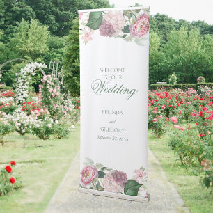 Romantic Watercolor Pink Flowers Garden Wedding Retractable Banner