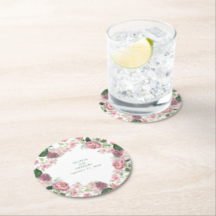 Romantic Watercolor Pink Flowers Garden Wedding Round Paper Coaster