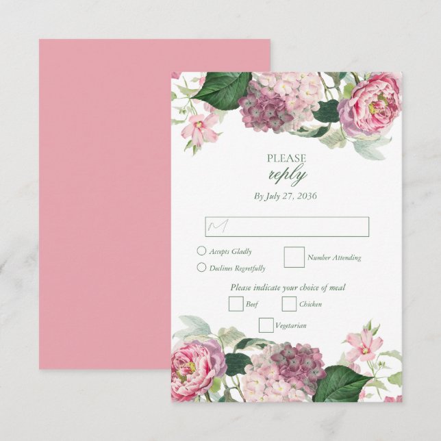 Romantic Watercolor Pink Flowers Garden Wedding RSVP Card (Front/Back)