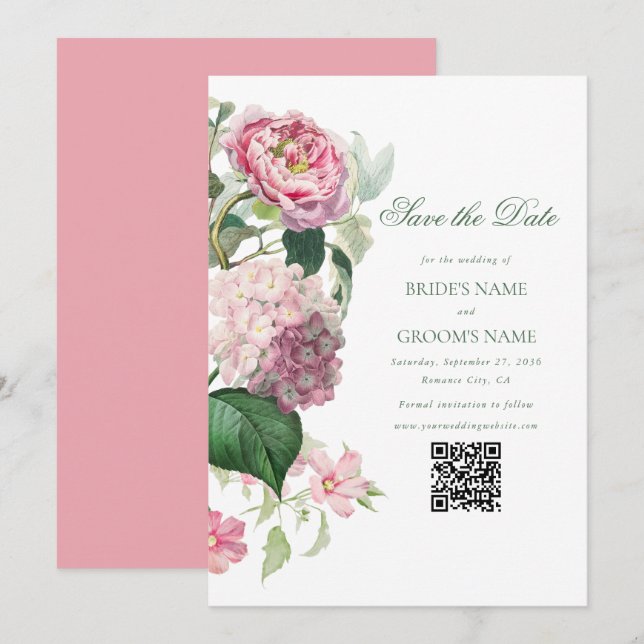 Romantic Watercolor Pink Flowers Garden Wedding Save The Date (Front/Back)