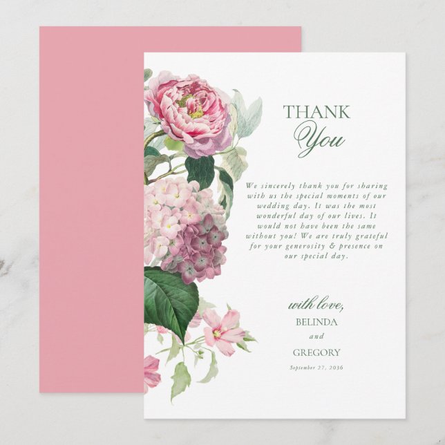 Romantic Watercolor Pink Flowers Garden Wedding Thank You Card (Front/Back)