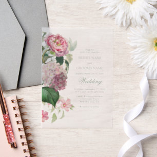 Romantic Watercolor Pink Flowers Garden Wedding Vellum Invitations