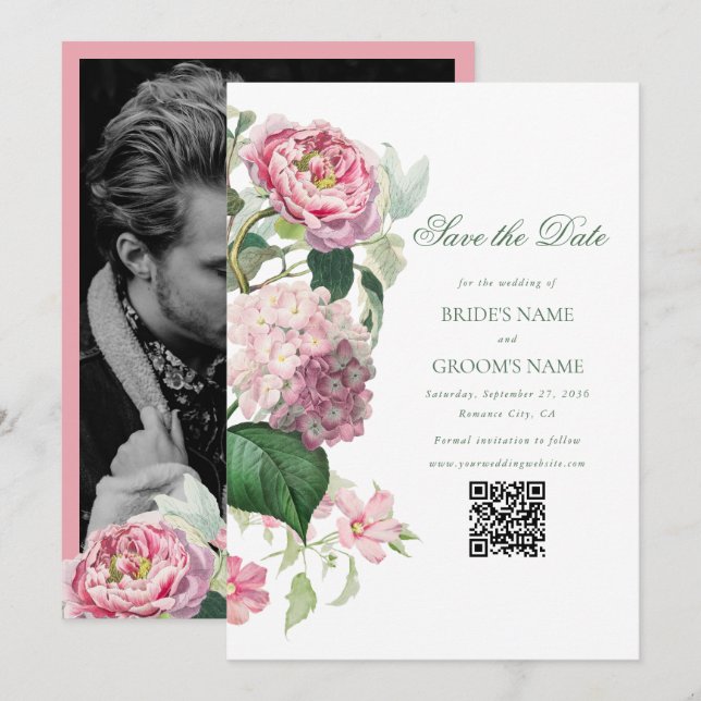 Romantic Watercolor Pink Flowers Photo Wedding  Save The Date (Front/Back)