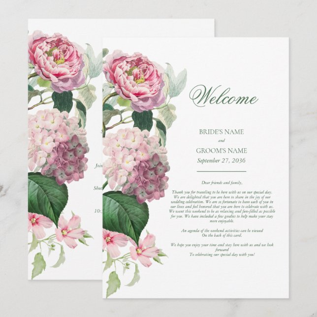 Romantic Watercolor Pink Flowers Wedding Itinerary Programme (Front/Back)
