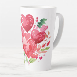Romantic Watercolor Pink Hearts and Green Leaves  Latte Mug