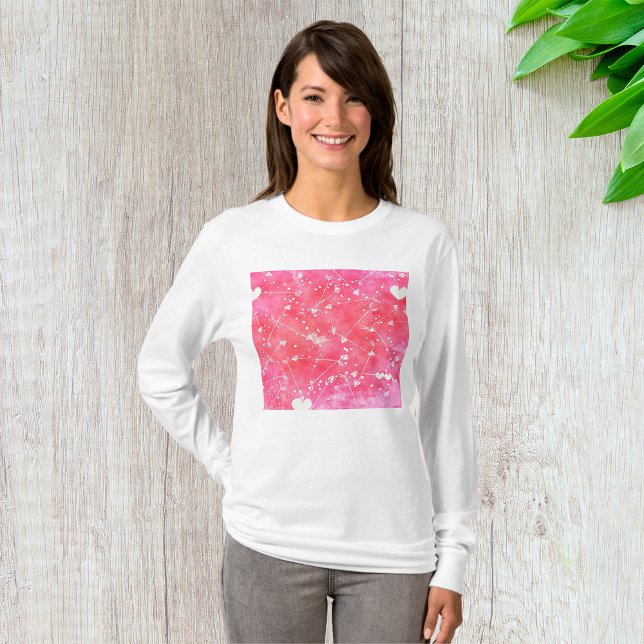 Romantic Watercolor Pink Hearts & Arrows Pattern  T-Shirt (Creator Uploaded)